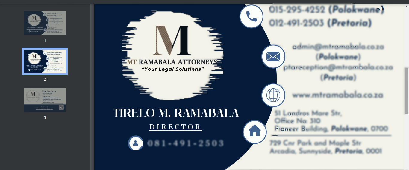 MT RAMABALA ATTORNEYS Business Cards